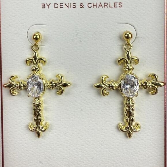 NWT RUSH Gold Cross Rhinestone Earrings - Picture 3 of 6